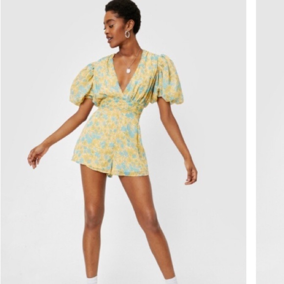 Nasty Gal Womens Floral Chiffon V Neck Puff Sleeve Playsuit Romper - Picture 14 of 16